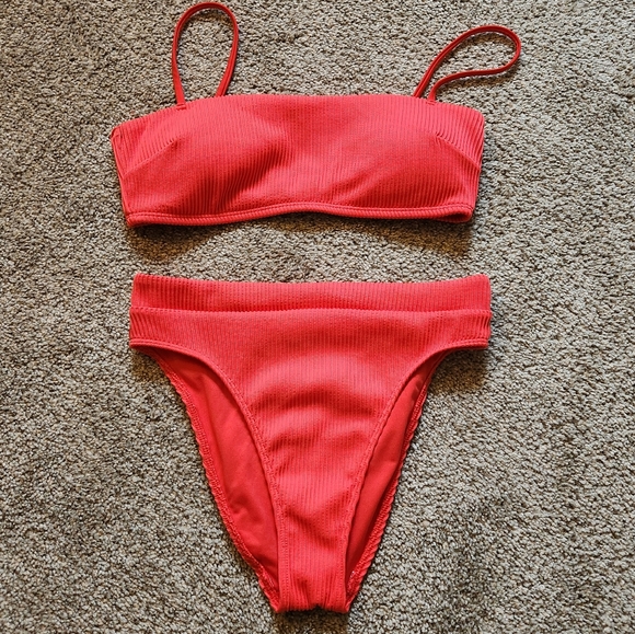 Neon Ribbed High Leg High Rise Bandeau Bikini set - Picture 1 of 5